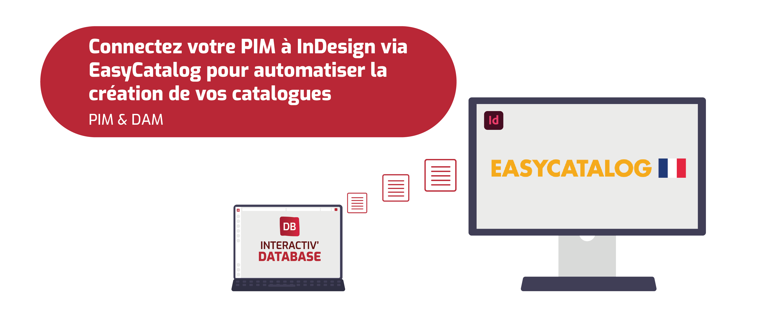 Visuel illustrant le transfert de données produits depuis le PIM/DAM Interactiv' DataBase dans InDesign grâce à EasyCatalog, un plugin proposé par Interactiv' Technologies