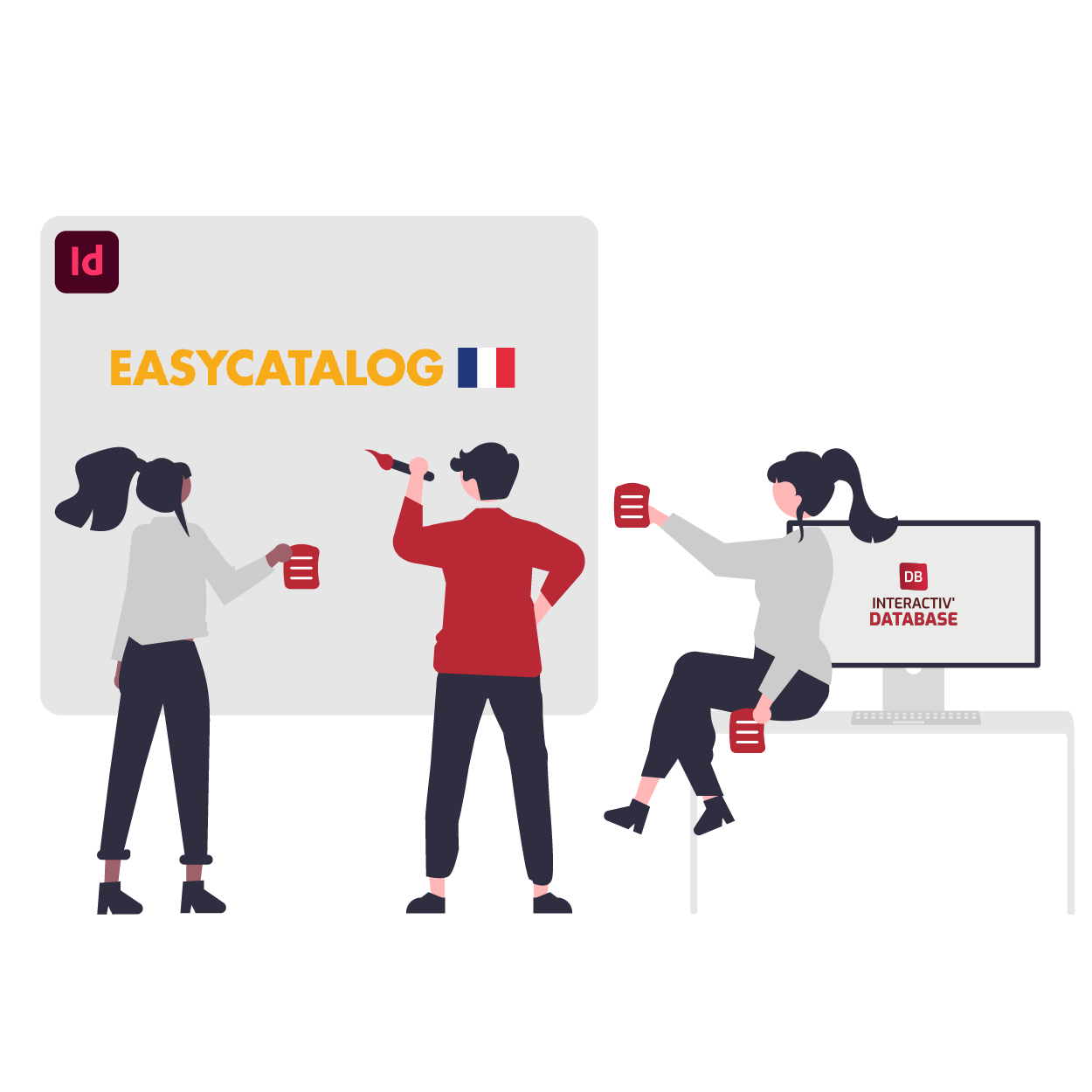 Visuel représentant l'automatisation de la création de catalogues avec EasyCatalog, le plugin d'InDesign proposé par Interactiv' Technologies, expert français