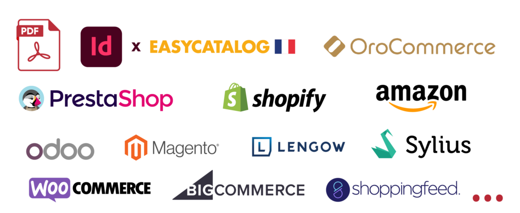 Diffusion des datas depuis une base de données PIM vers plusieurs canaux de diffusion : supports graphiques (PDF, InDesign avec EasyCatalog...), site web et e-commerce (PrestaShop, shopify, odoo, WOOCOMMERCE, Magento, BIGCOMMERCE, OroCommerce, Sylius...), places de marché (Amazon, shopping, LENGOW...).