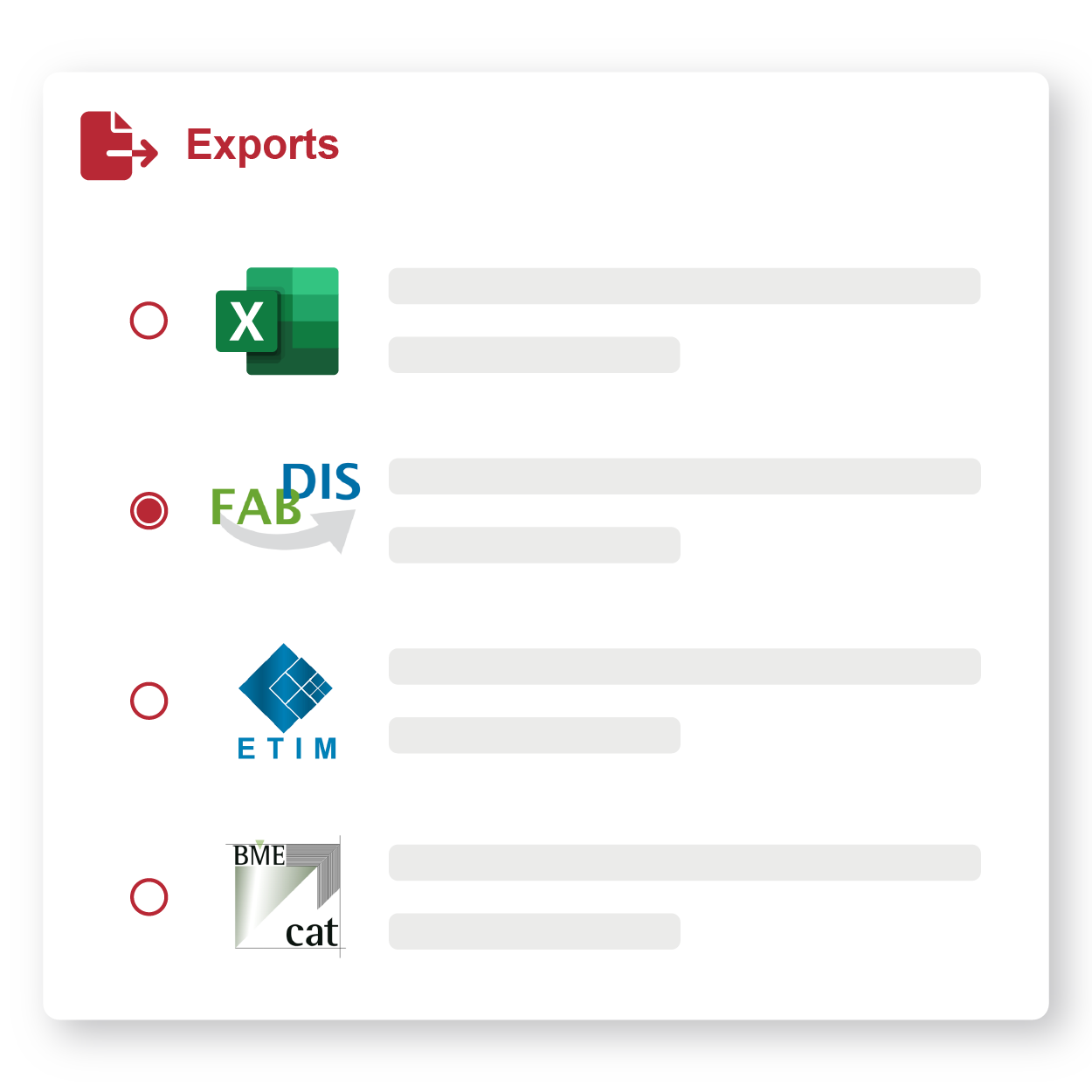 Visuel flat design d'une liste non exhaustive des formats d'exports (Excel, FAB-DIS, ETIM, BMEcat) depuis le logiciel PIM DataBase