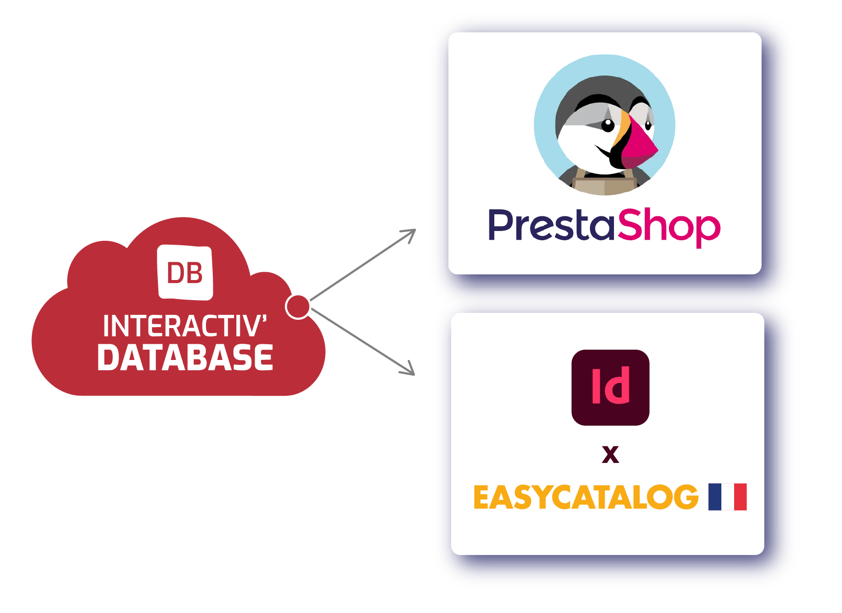 Schéma de diffusion des données produits de COMATEC via le PIM/DAM Interactiv' DataBase vers leur site web depuis le CMS PrestaShop et InDesign via le plugin EasyCatalog