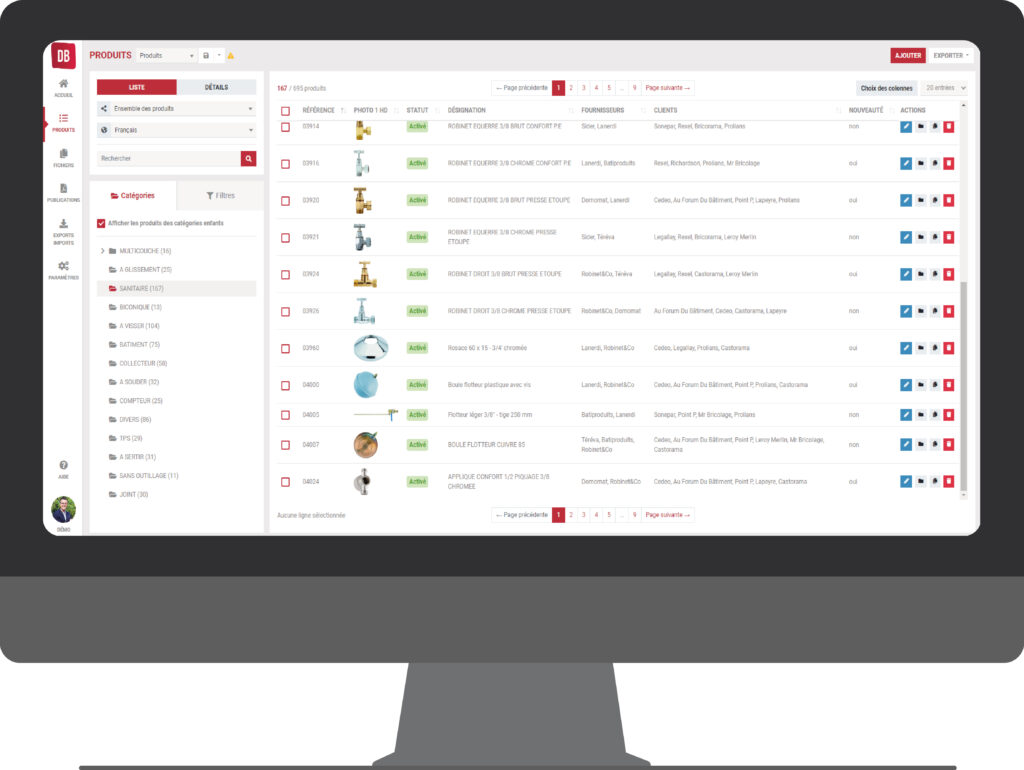 Dashboard of PIM solution : Interactiv' Database showing the listing of products