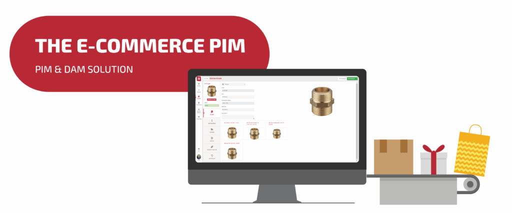Visual illustrating the use of a PIM fore-commerce with a screenshoot of the Interactiv' Database PIM solution and a picture of e-commerce package