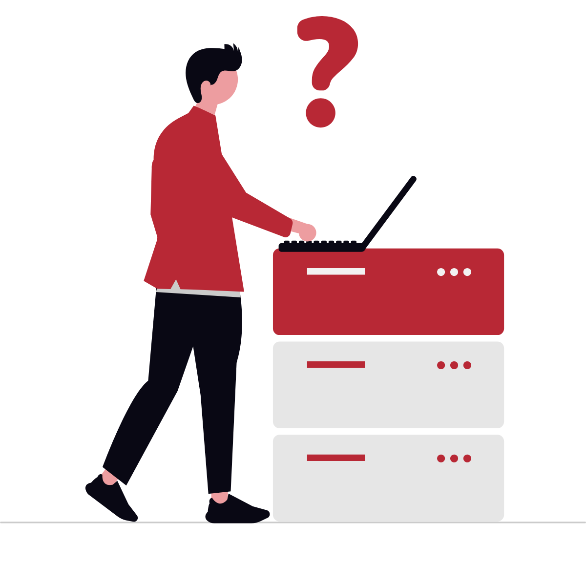 Men with a laptop above a database hesitating in his PIM choice