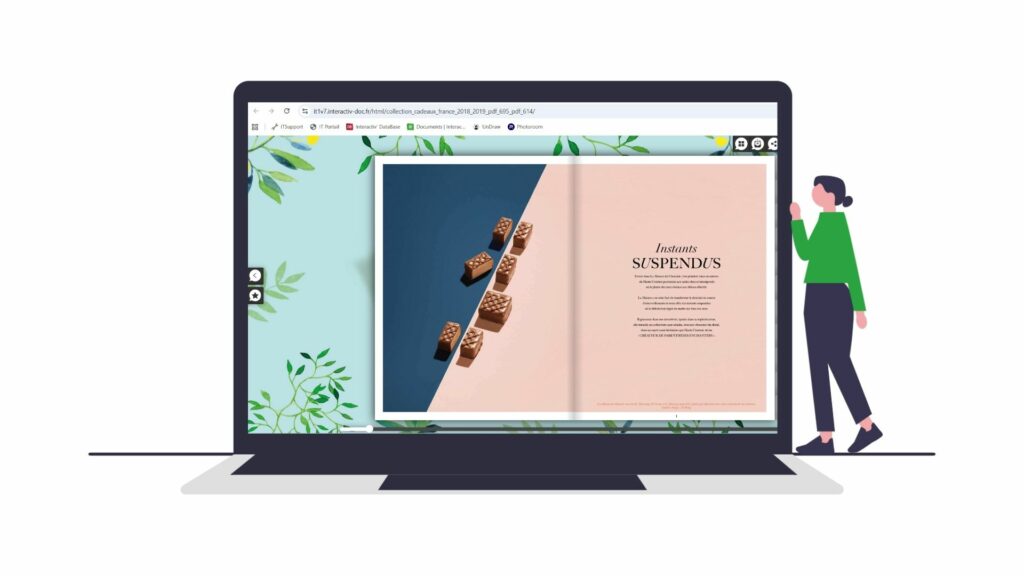 Ecran d'ordinateur portable avec un catalogue interactif ouvert sur un onglet Google