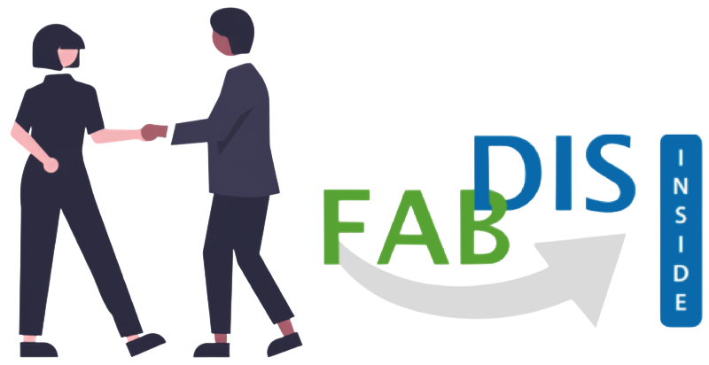 Image de deux partenaires se serrant la main à côté du logo FAB-DIS Inside pour illustrer le partenariat entre Interactiv' Technologies et FAB-DIS pour la solution PIM DAM Interactiv' DataBase.