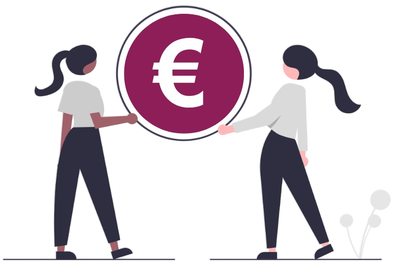 Image de deux femmes tenant un symbole d'euro pour illustrer le prix d'une licence EasyCatalog et de l'optimisation des coûts en cas de recours à un revendeur officiel
